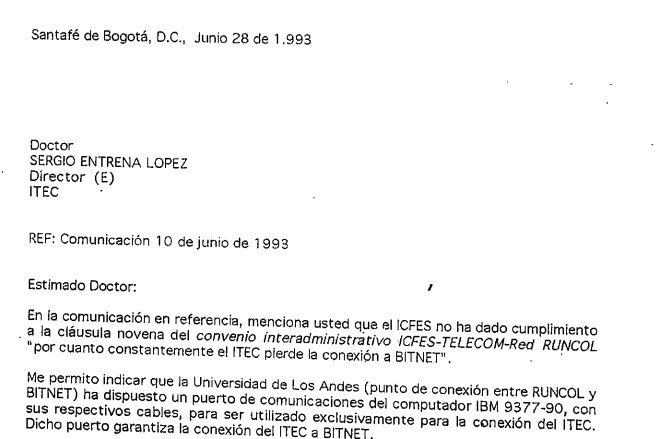 Imagen para Carta sobre dificultades con ITEC y uso de modems para Bitnet