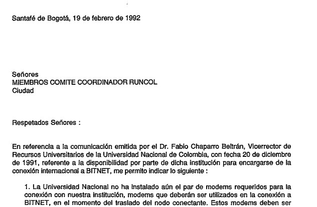 Imagen para Carta al cómite RUNCOL sobre incumplimientos de UNAL para ser el nodo de BITNET
